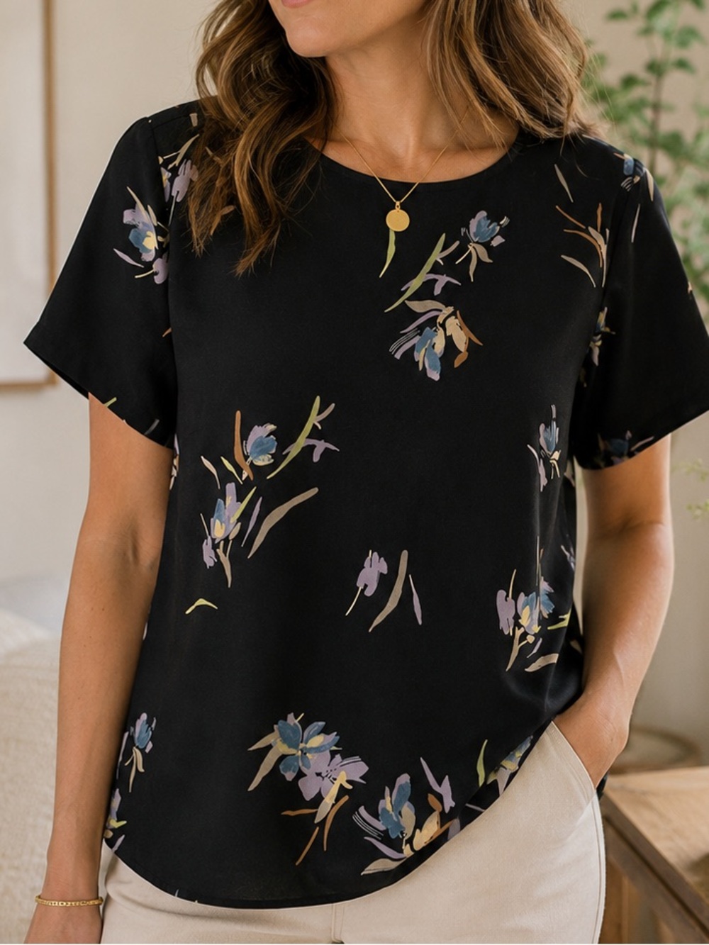 A New Day Black Floral Flutter Sleeve Blouse Medium | Romantic Cottagecore Top